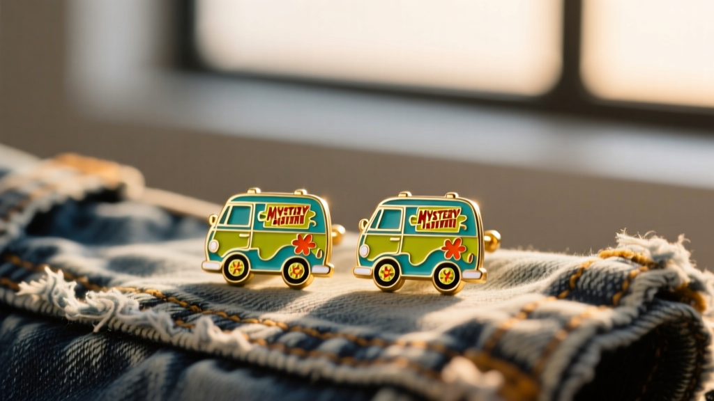 Hard-enamel Mystery Machine van stud earrings resting on vintage denim fabric, illuminated by warm, nostalgic studio lighting.