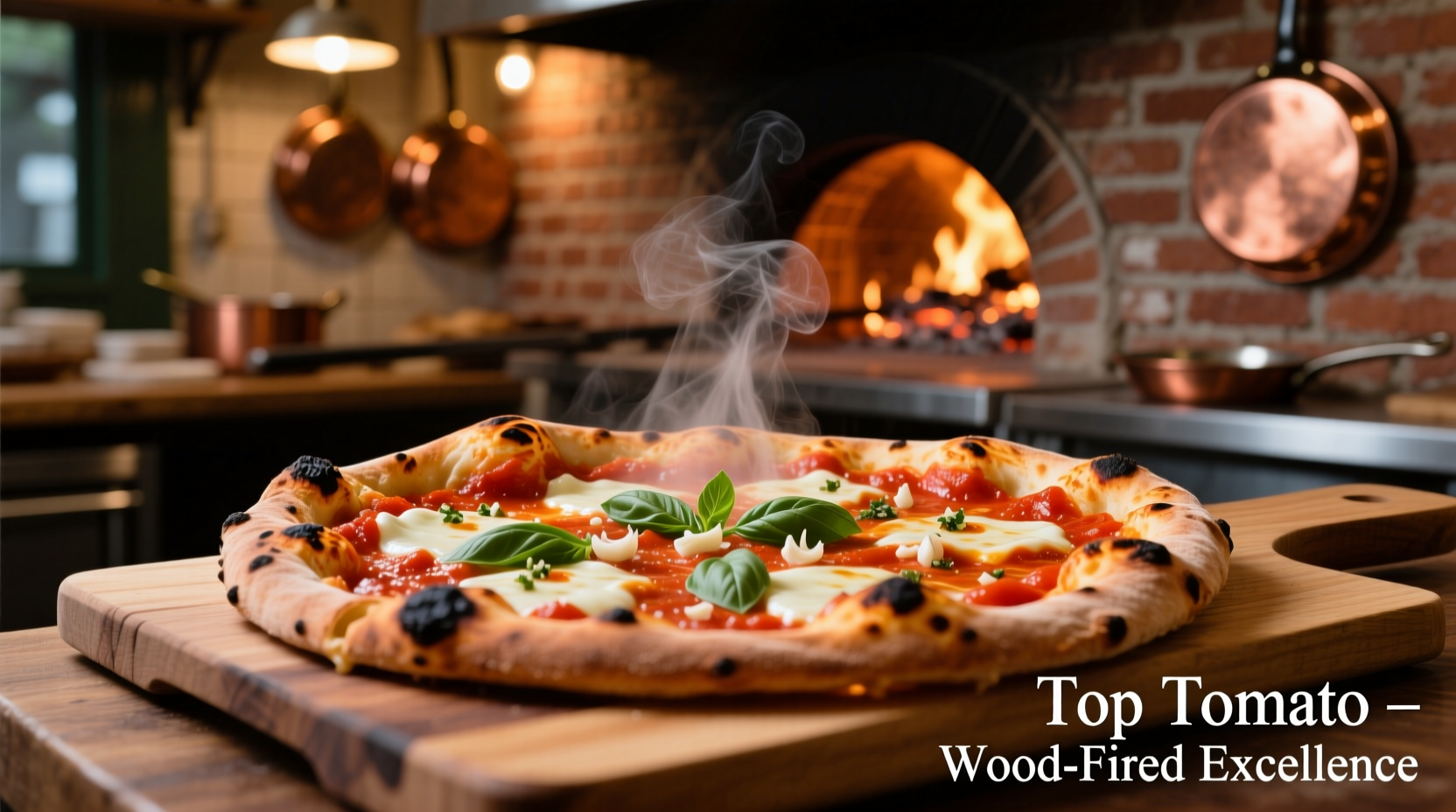 Wood-fired pizza with vibrant tomato sauce at Top Tomato
