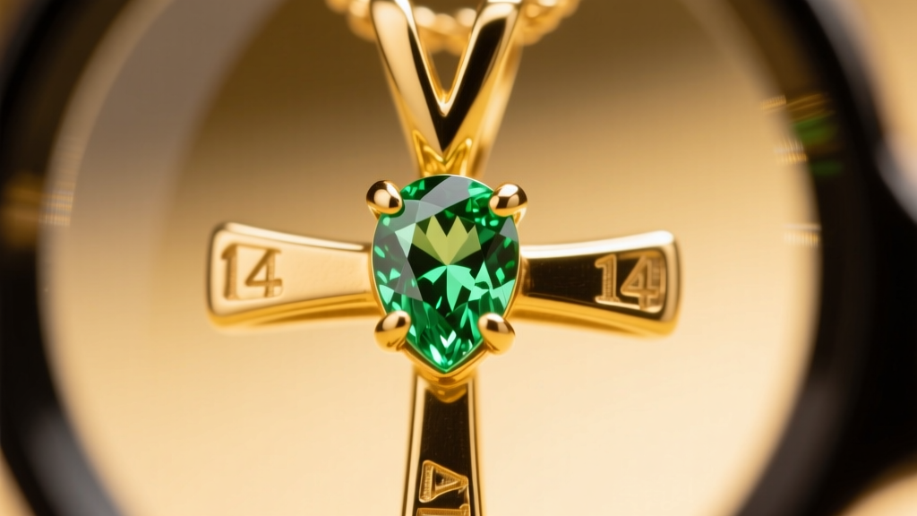Loupe view of a secure V-prong setting protecting the delicate tip of a pear-cut peridot stone in a 14k yellow gold cross pendant.
