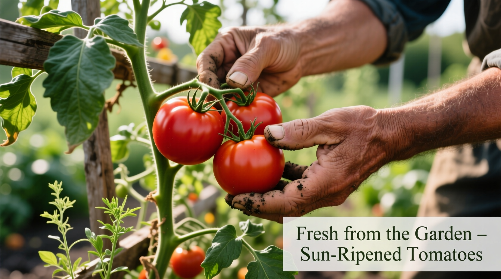 Hand harvesting ripe tomatoes from garden vine