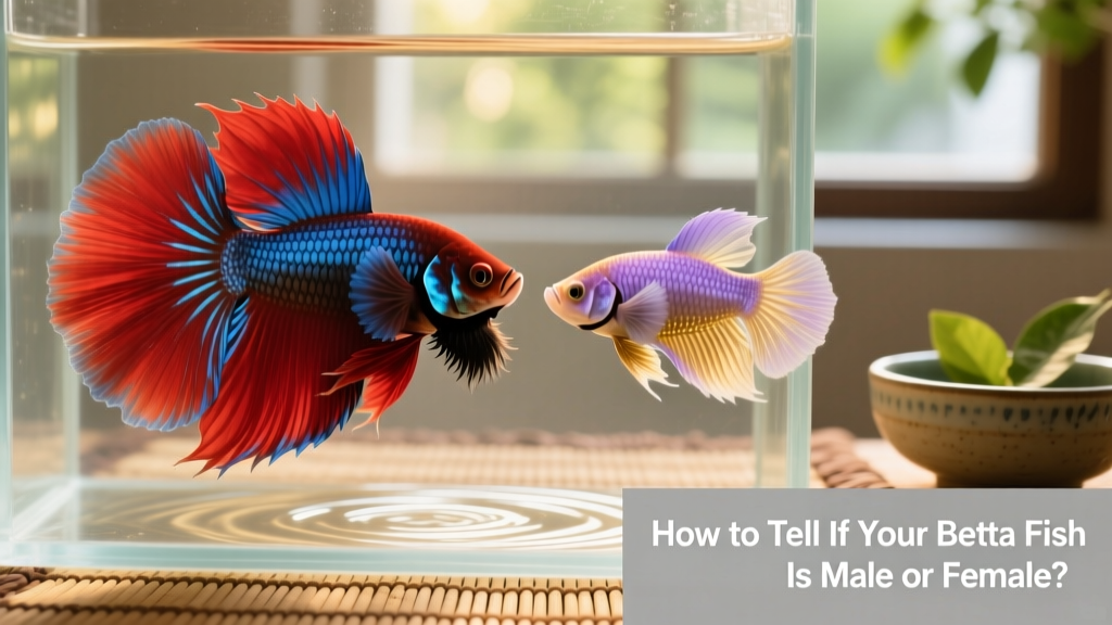 Two bettas flaring side by side—one male with pronounced beard and wide gill extension, one female with smaller beard and head-down stance