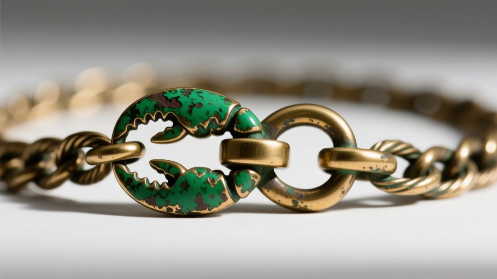 Close-up of a tarnished fashion jewelry cable chain clasp showing green oxidation on the brass base metal near the lobster claw.