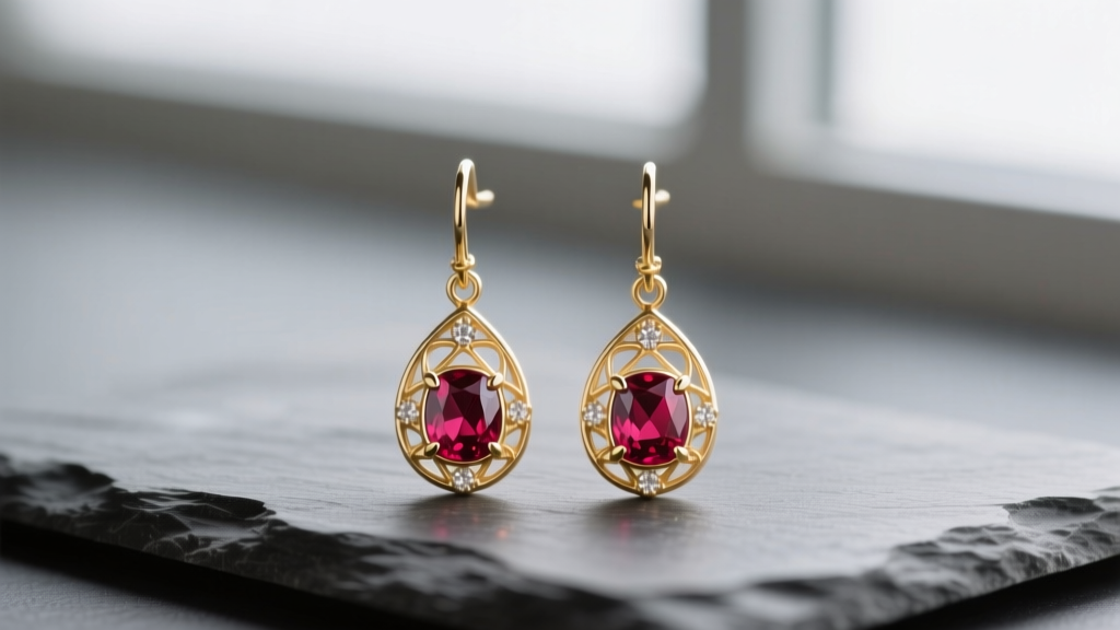 Close-up of 18k gold drop earrings with bezel-set rubies on slate, soft lighting showing metal luster and rich red gem color.