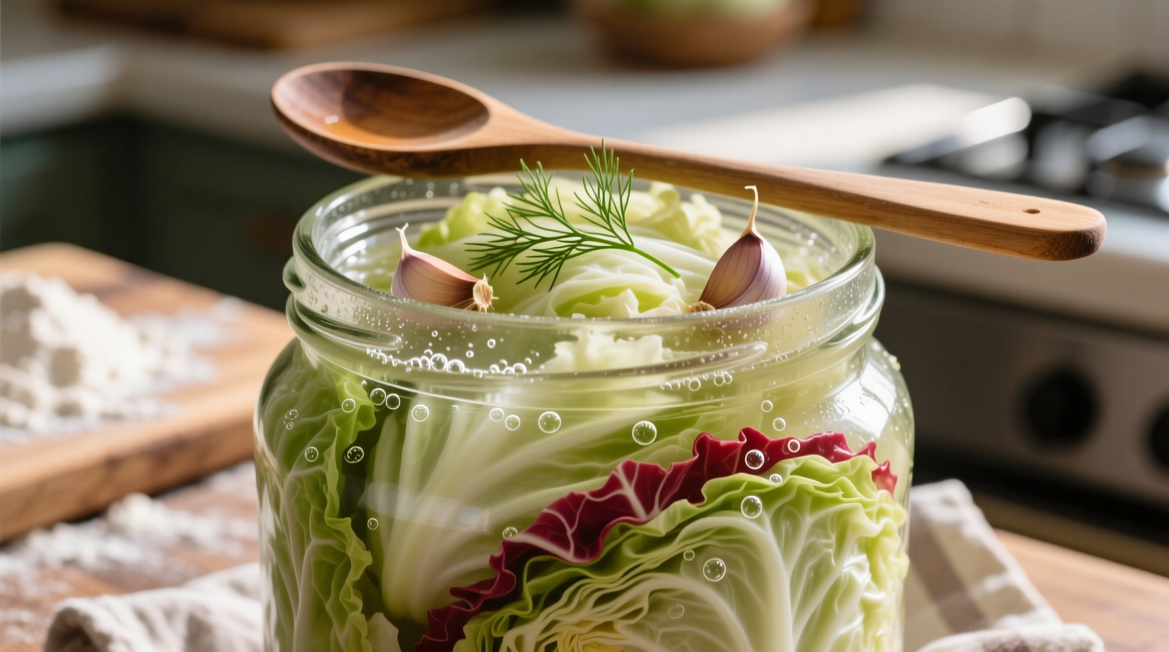 Close-up of fresh homemade sauerkraut in jar