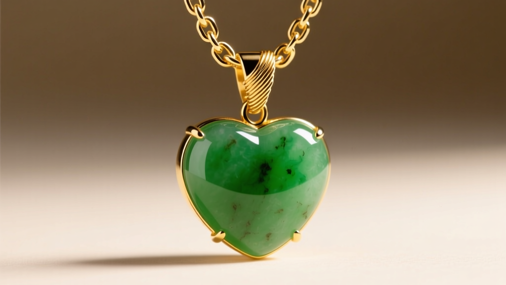 Close-up of a wire-wrapped 18k yellow gold bail connecting a thick box chain to a polished apple-green jadeite heart pendant.