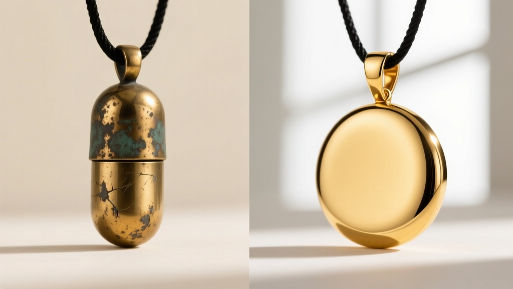 Side-by-side view of a tarnished brass chill pill pendant and a pristine solid gold version, highlighting long-term material wear.