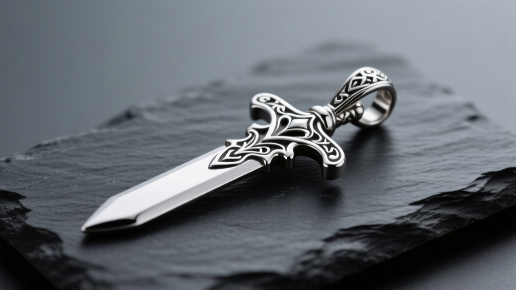 Close-up of a polished 925 sterling silver keyblade necklace pendant resting on dark slate, reflecting soft studio lighting.