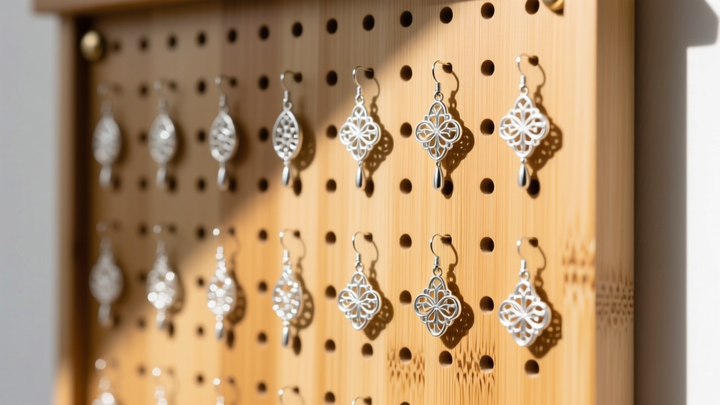 Close-up of laser-engraved bamboo earring display board with small drilled holes holding silver dangle earrings.