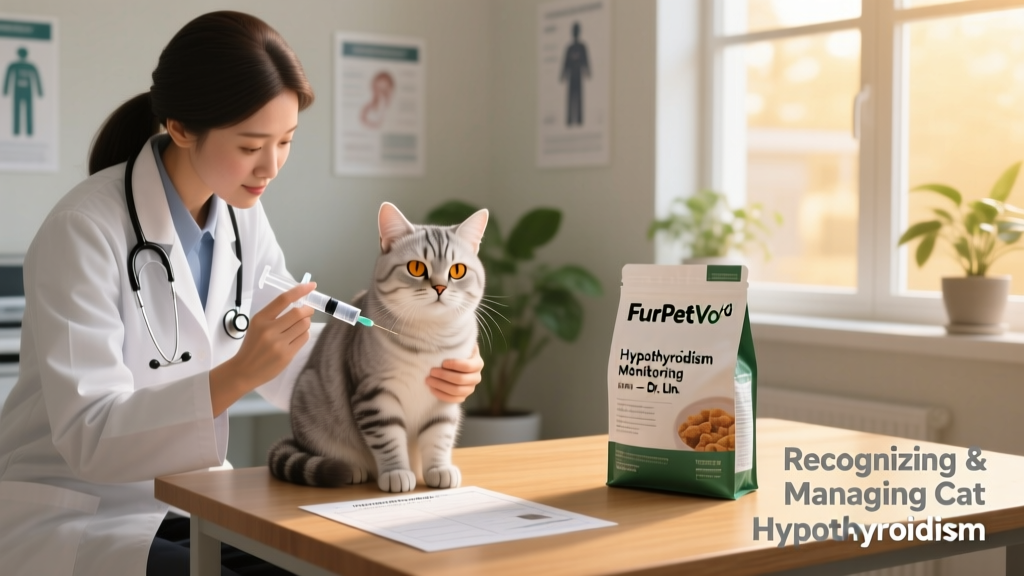 Veterinarian gently examining a calm senior cat while holding a syringe and chart, with FurPetVo y/d food bag visible nearby