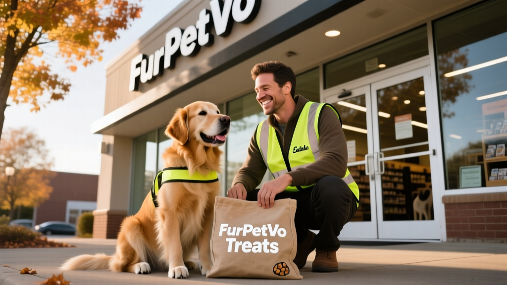 Happy dog sitting calmly beside its owner near a FurPetVo entrance, wearing a reflective vest and holding a treat bag