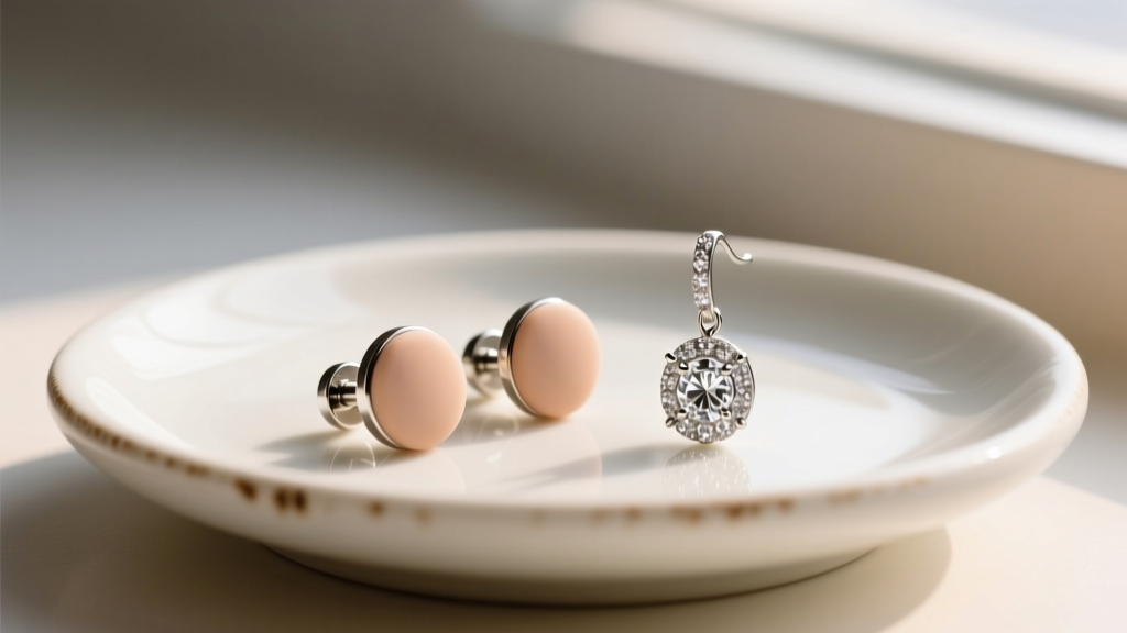 A pair of secure silicone and metal locking earring backs displayed on a ceramic dish next to a delicate Amor pavé drop earring.