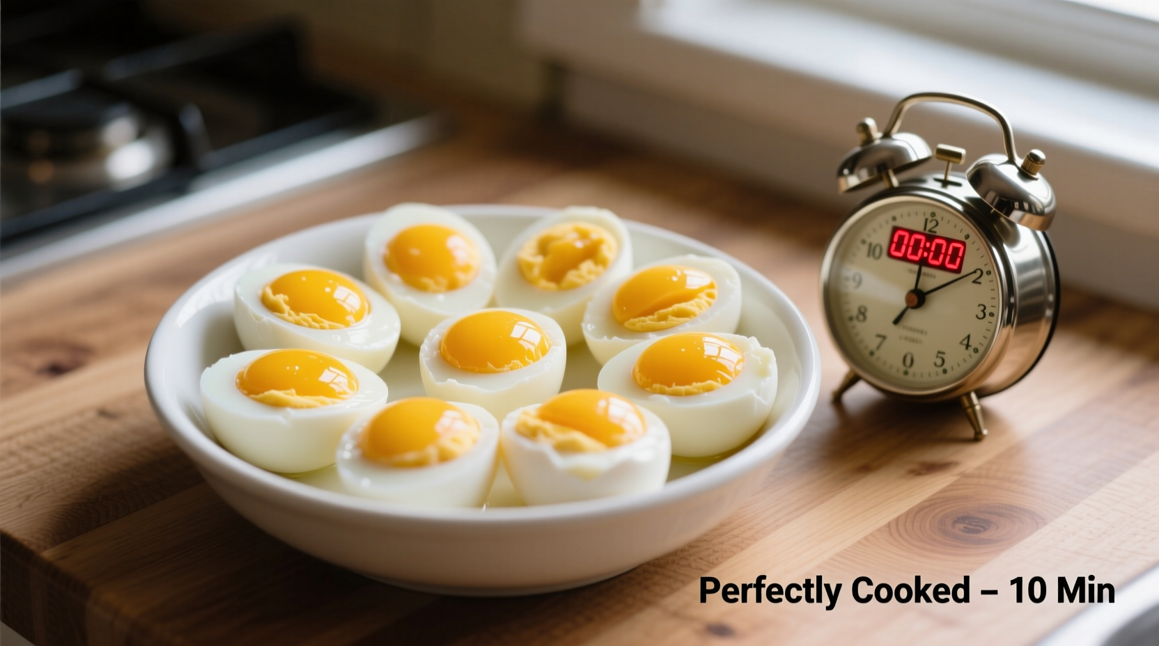 Perfectly cooked hard boiled eggs in a bowl with timer