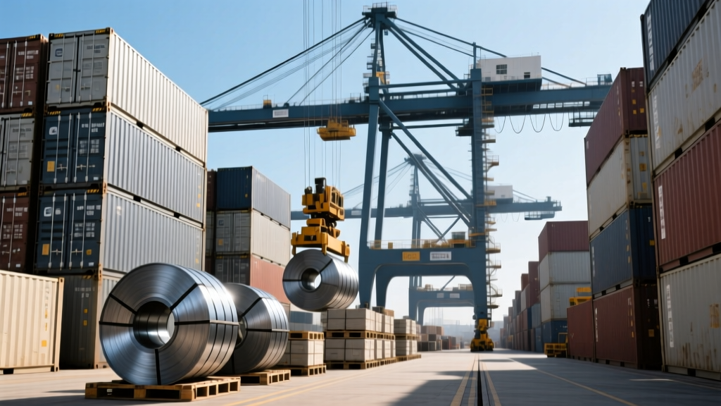 Shipping containers stacked at a busy maritime port with a heavy-lift crane unloading steel coils and pallets of cement for construction projects
