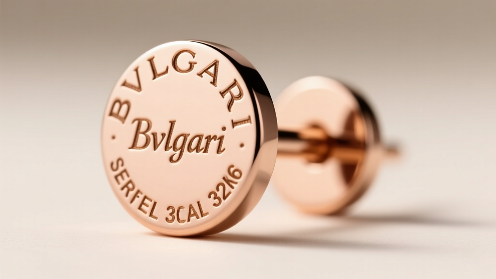 Macro view of a Bvlgari hallmark on an 18k rose gold earring post, revealing precise sans-serif font and a unique serial number