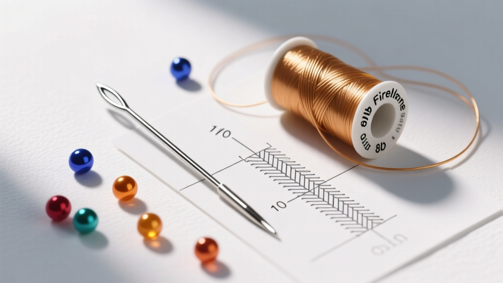 Flat lay of beading tools: size 10 English needles, 8lb Fireline thread, and 11/0 Delica beads beside a herringbone stitch diagram.
