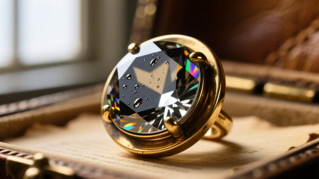 Macro photo of an oxidized foil-backed rhinestone in a brass setting showing dark moisture damage beneath the faceted glass top.