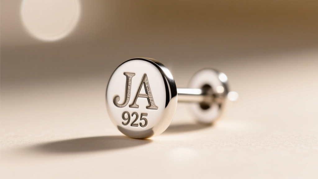 Macro shot revealing the stamped JA hallmark and 925 silver purity mark on an earring post against a softly blurred background.