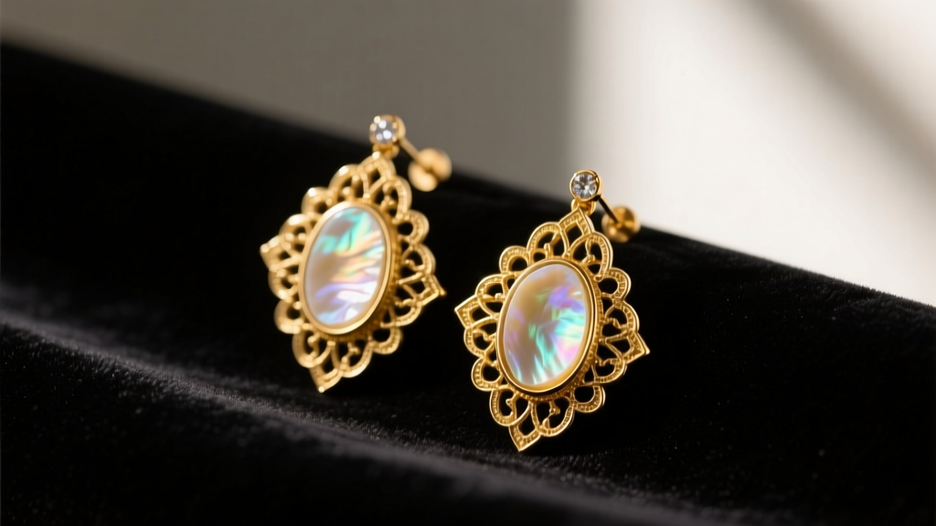 Close-up of Vintage Alhambra earrings with mother-of-pearl and 18k gold, resting on dark velvet in soft light