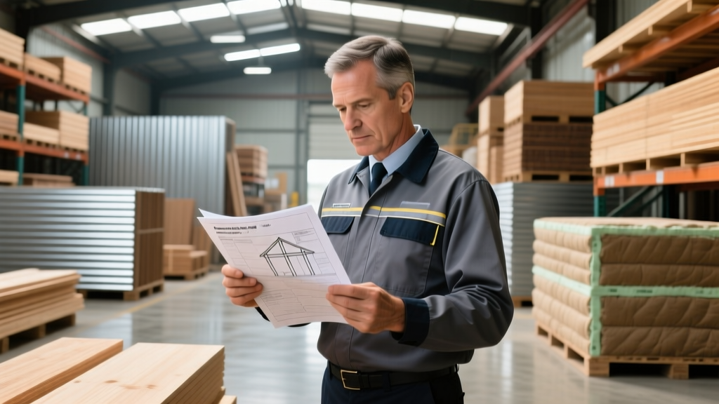 Procurement engineer reviewing stamped technical data sheets for structural lumber and weather barriers at a commercial building supply yard