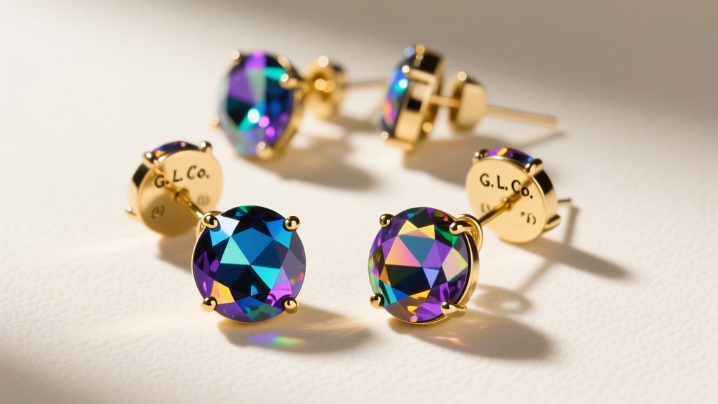 Overhead view of 1950s clip-on vintage rhinestone earrings showing Aurora Borealis coating and a stamped maker mark on the reverse.