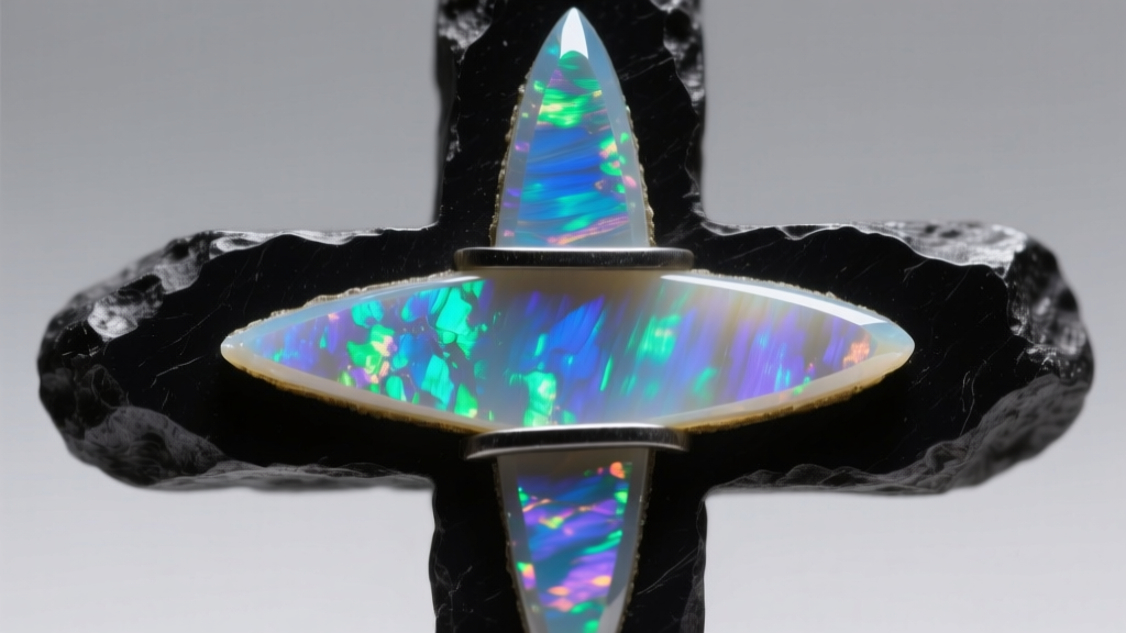Macro photo of an opal doublet cross-section showing the thin precious opal layer bonded to a dark ironstone backing material.