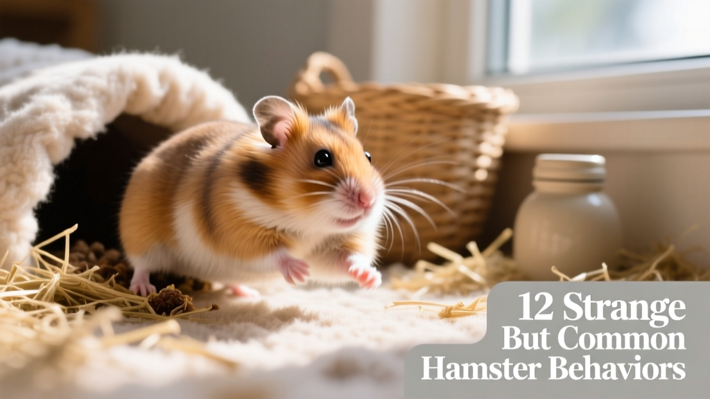 Hamster with visibly full cheek pouches, mid-movement toward a hiding spot in bedding