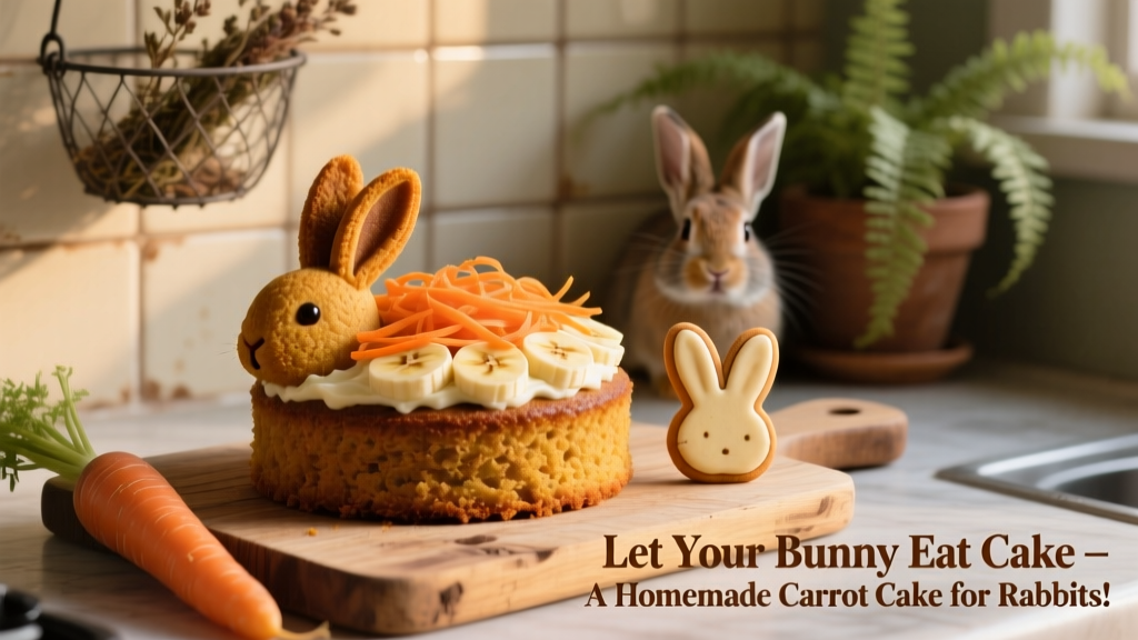 A small, round, golden-brown rabbit carrot cake topped with mashed banana and shredded carrot