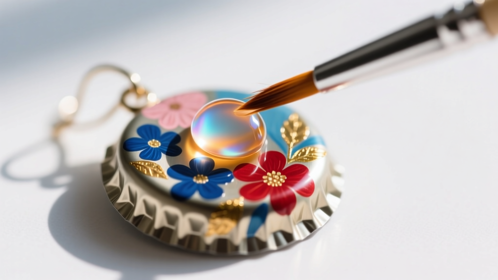 Macro shot of a clear UV resin drop being applied to a painted aluminum pop tab earring using a fine silicone brush.
