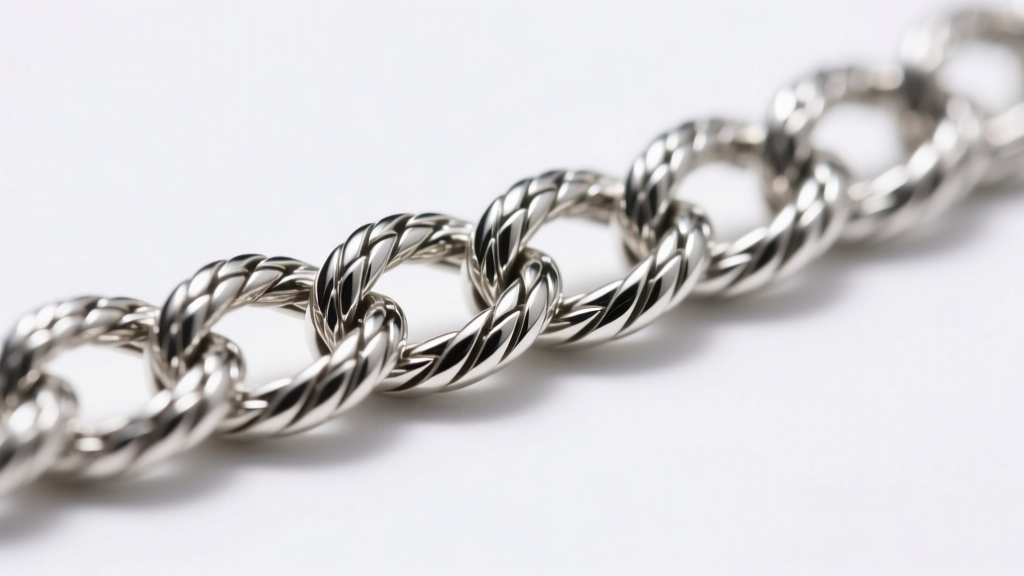 Macro shot of sterling silver foxtail chain links showing seamless laser soldering and polished edges under bright studio lighting
