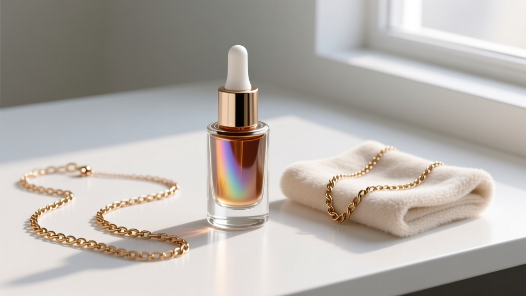 Glass bottle of jewelry sealant and soft microfiber cloth next to a disassembled brass chain necklace on a clean white workspace.