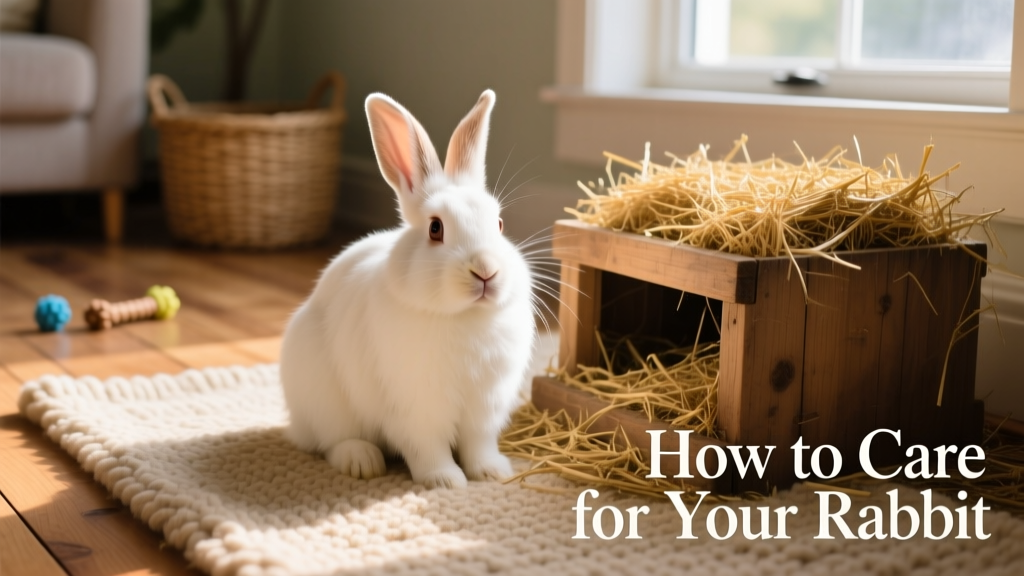A happy, healthy rabbit sitting calmly on a soft rug beside a hay-filled feeding station