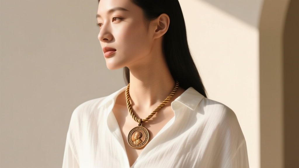 Woman wearing a 25mm vintage bronze medallion on a 24-inch rope chain over a white linen shirt, shot in bright natural sunlight.