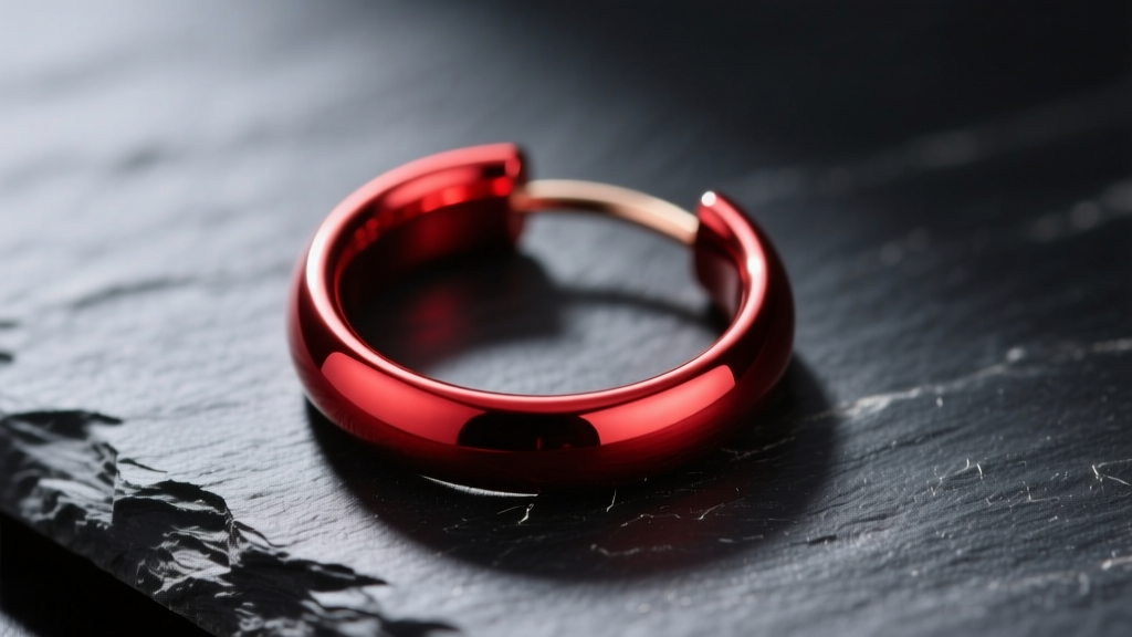 Macro photo of a red anodized titanium seamless hoop earring resting on dark slate, highlighting the vibrant metallic color texture