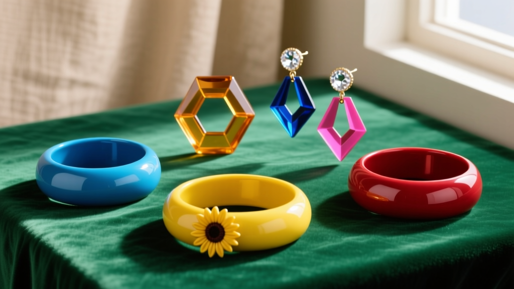 Flat lay of 1960s mod fashion jewelry, featuring chunky enamel bangles and oversized geometric resin earrings on green velvet.