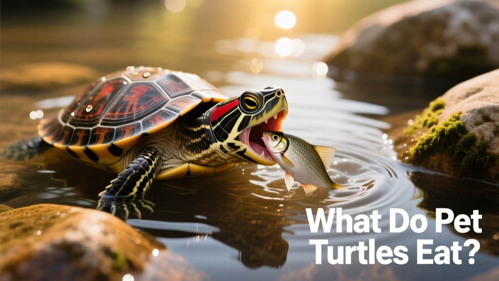 A red-eared slider turtle eating a small fish underwater, surrounded by smooth river rocks