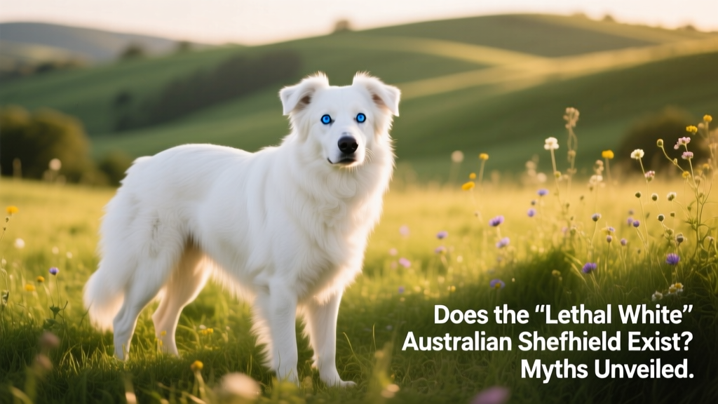 A healthy, alert white Australian Shepherd with striking blue eyes standing in a sunlit grassy field