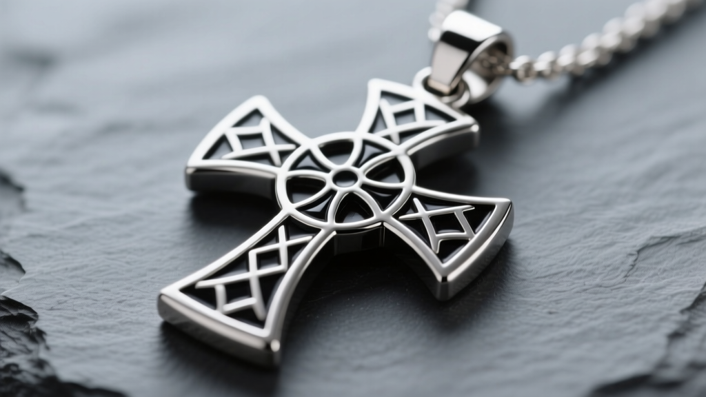 Macro photography of a sterling silver Knights Templar cross pendant with black enamel detailing against a slate grey background.