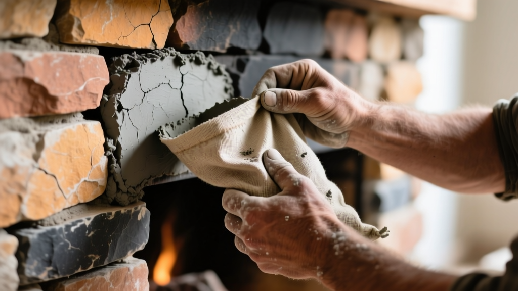 Close-up of a mason using a canvas grout bag to apply gray mortar into the deep joints of a rustic stacked stone veneer fireplace surround
