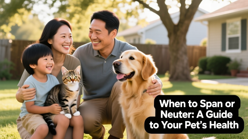 A joyful family smiling alongside their newly adopted, spayed kitten and friendly dog