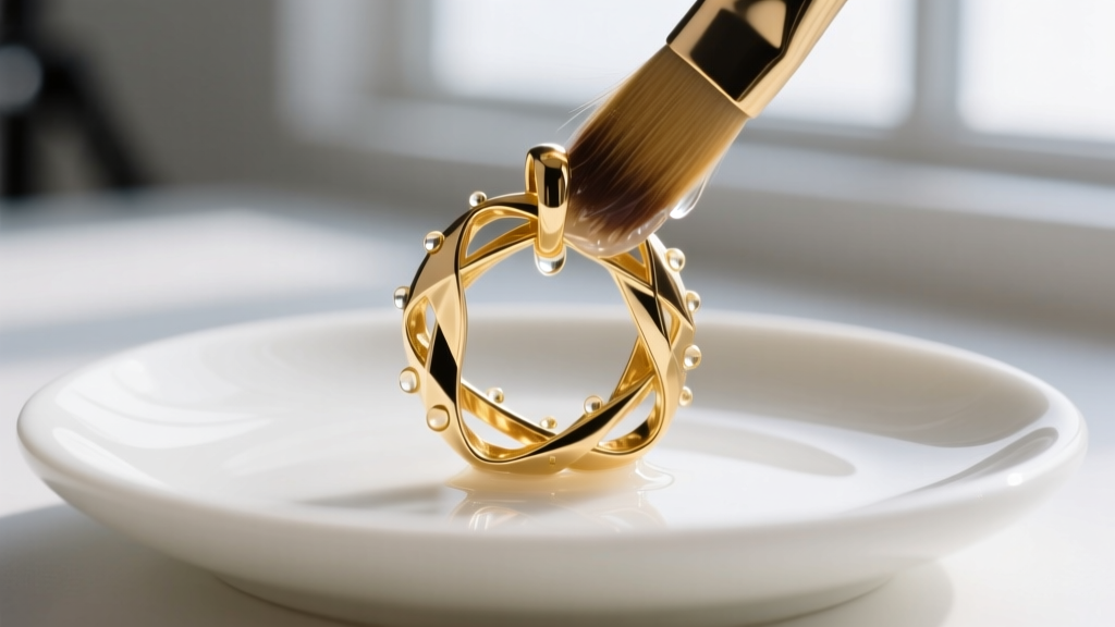 Soft brush and soapy water gently scrubbing hidden crevices of a gold vermeil interlocking circle pendant on a white ceramic dish