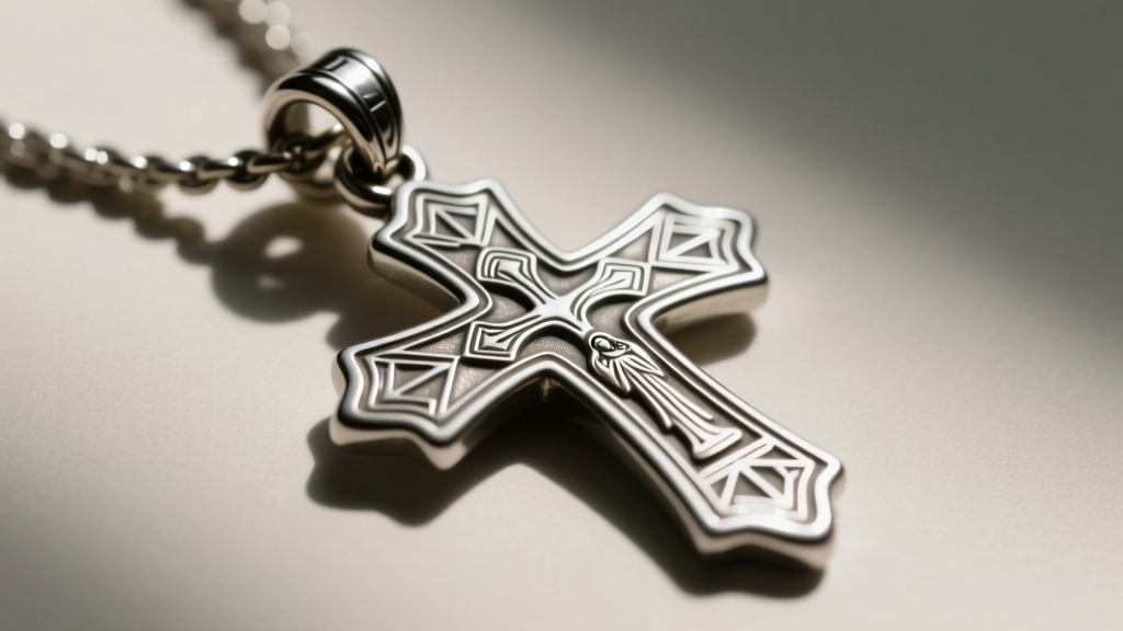 Side profile of a thick silver scapular pendant showing deep hand-engraved religious motifs and a sturdy soldered jump ring