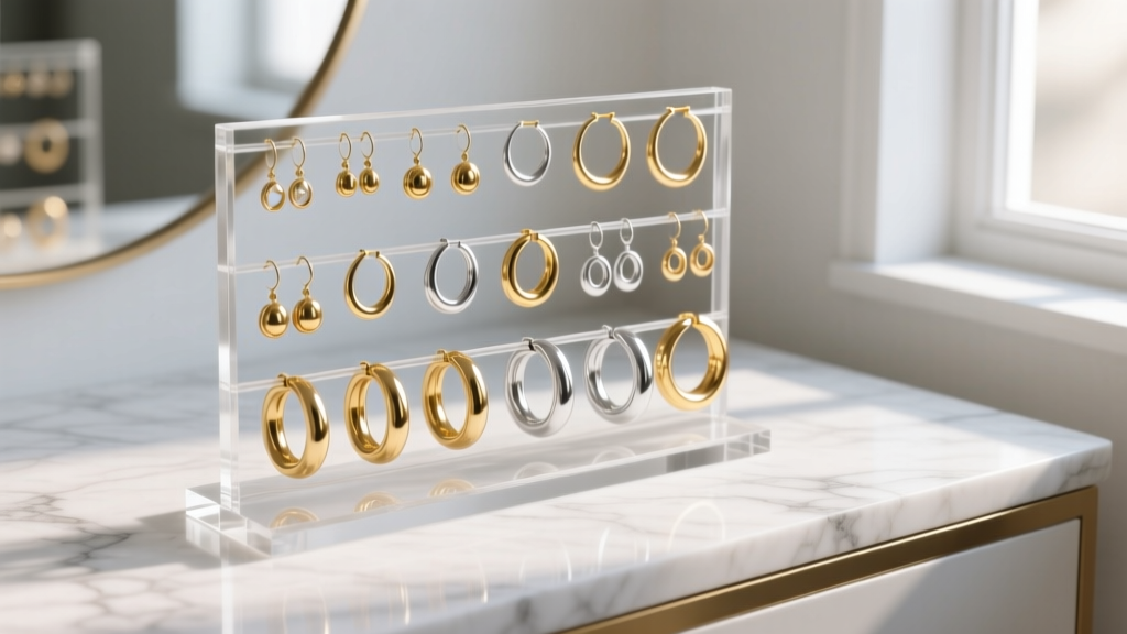 Clear acrylic hoop earring organizer displaying gold and silver hoops of varying diameters on a bright white marble vanity top