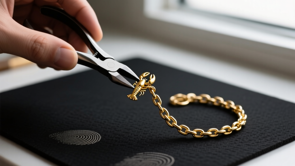 Close-up of hands using smooth chain-nose pliers to attach a 14k gold lobster clasp to an 18-gauge chain on a dark workbench mat.