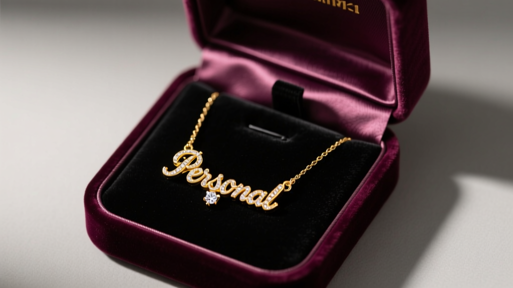 Open velvet box revealing a 14k yellow gold and diamond name necklace on black satin under soft, warm studio lighting