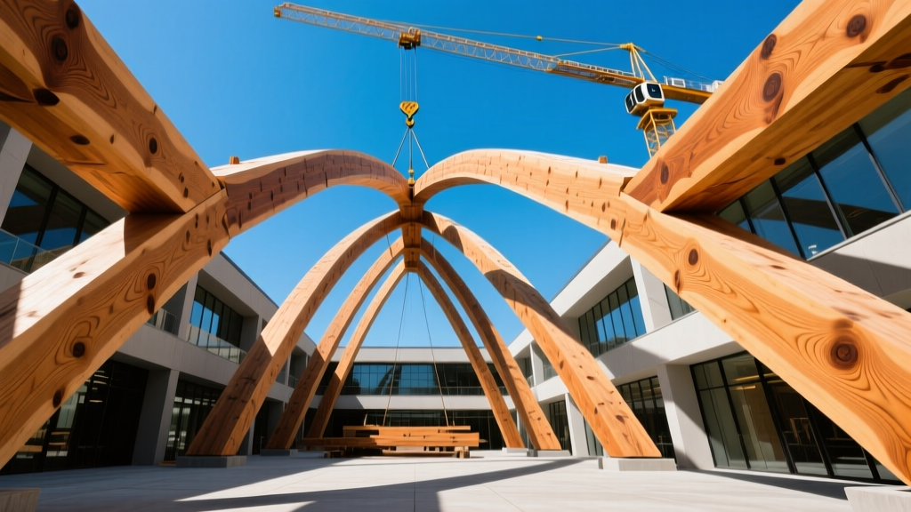 Massive Douglas Fir timber beams being hoisted into place for a modern commercial atrium roof structure against a clear blue sky