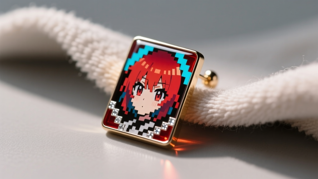 Soft microfiber cloth gently wiping the resin-coated surface of a rectangular anime replica earring under warm desk lighting.