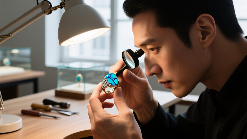 Jeweler inspecting the matrix of a Lander Blue turquoise ring with a loupe under a desk lamp to verify the rare gem's authenticity.