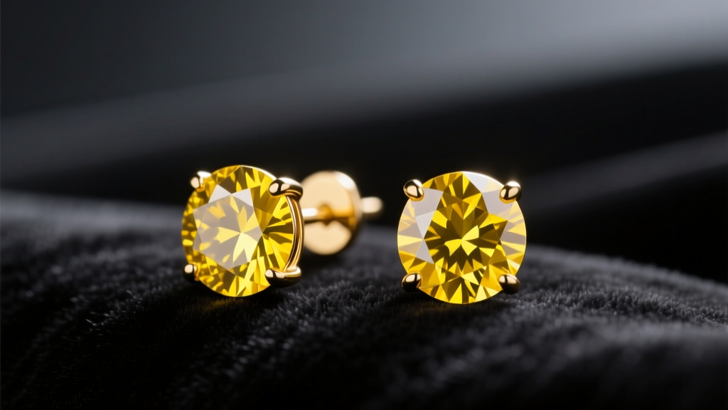 Close-up of 1-carat fancy vivid yellow diamond stud earrings in 18k yellow gold, resting on dark velvet under soft studio lighting