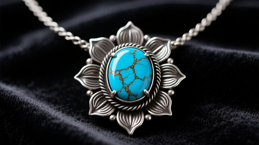 Close-up of a Navajo squash blossom necklace with blue Kingman turquoise set in oxidized sterling silver on velvet.