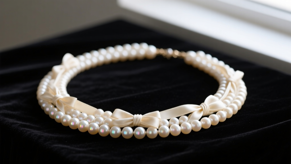 Multi strand rice pearl necklace on dark velvet, soft lighting highlighting creamy nacre luster and delicate silk knots